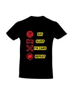 trc040 Eat Sleep fix cars repeat negru Tricou personalizat Eat sleep fix cars repeat tricouri cu mesaj pentru mecanici cadouri pentru mecanici