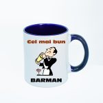 CN029 Cel mai bun barman alba cu maner albastru Cana personalizata Cel mai bun barman
