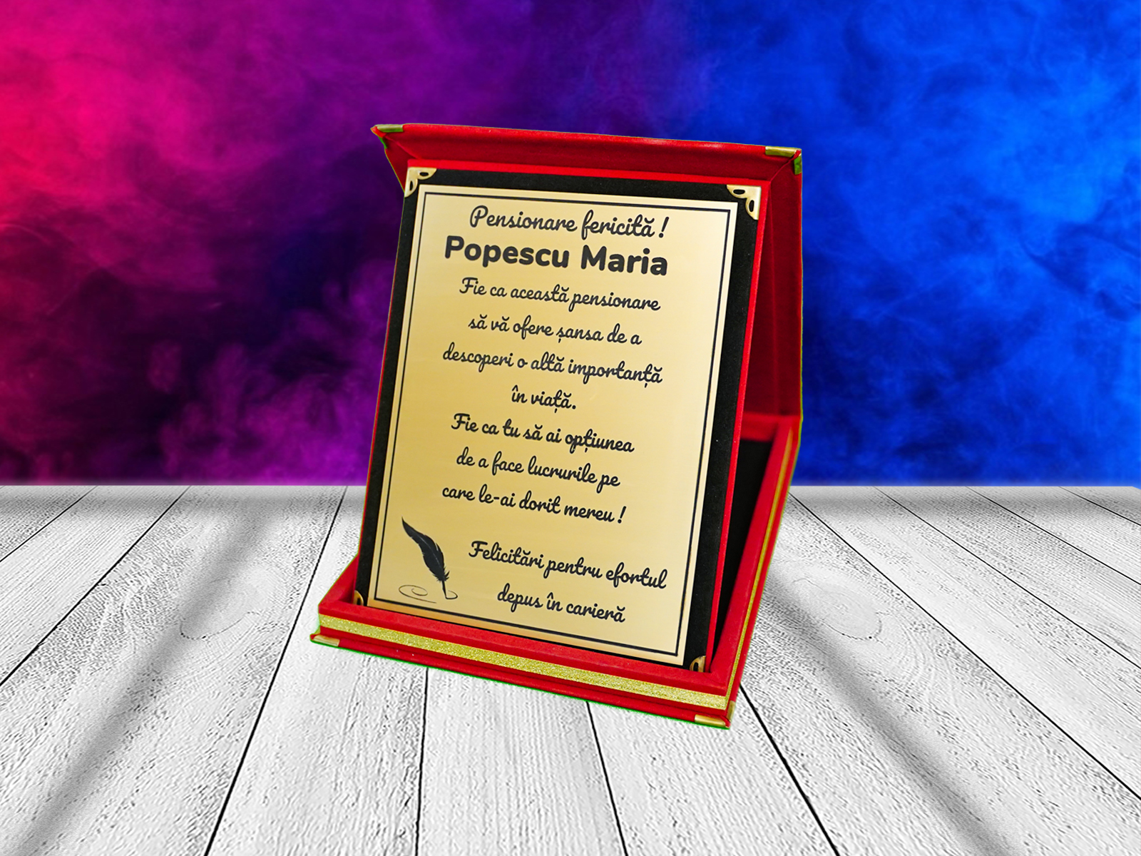 Placheta catifea pensionare fericita cadouri personalizate pentru pensionare