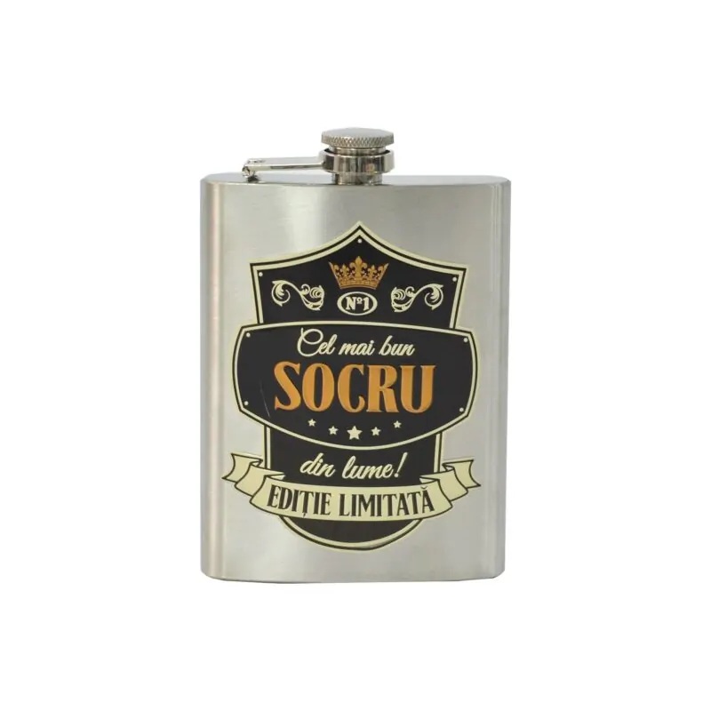 Plosca personalizata Cel mai bun socru Ploscutele de buzunar personalizate sunt un cadou unic pentru pasionatii de esente tari si nu numai. Stim cat de greu este sa gasesti un cadou ideal barbatesc, de aceea am lansat sticlele de buzunar personalizate, acestea pot fi folosite oricand, atat iarna cat si in orice alt anotimp. Aceasta este un cadou ideal pentru pasionații de băuturi tari, pentru petreceri aniversare, petreceri de majorat si pentru oricare alta ocazie.