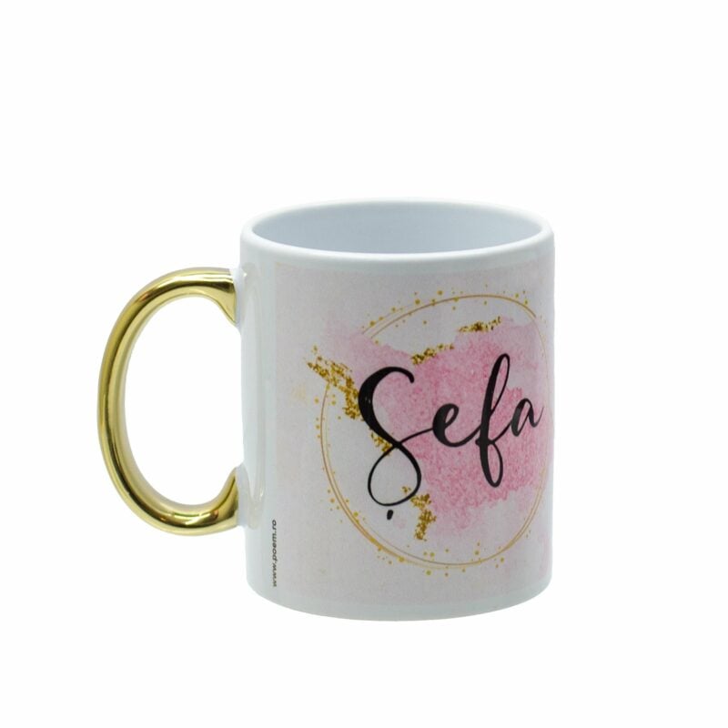 cana personalizata cu maner auriu si mesaj din can asta bea doar sefa