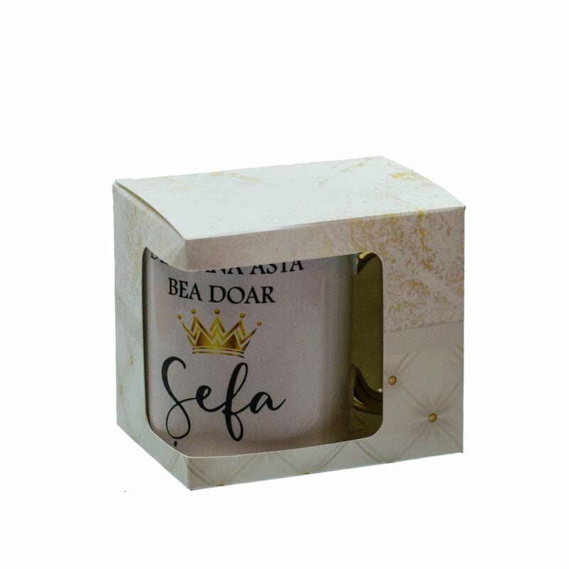 cana personalizata cu maner auriu si mesaj din can asta bea doar sefa