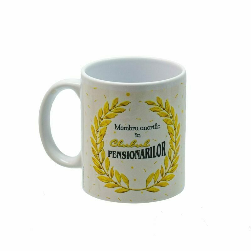 CN074 Cana personalizata pentru pensionar. Cana personalizata clubul pensionarilor dupa multi ani de munca bine meritata libertate