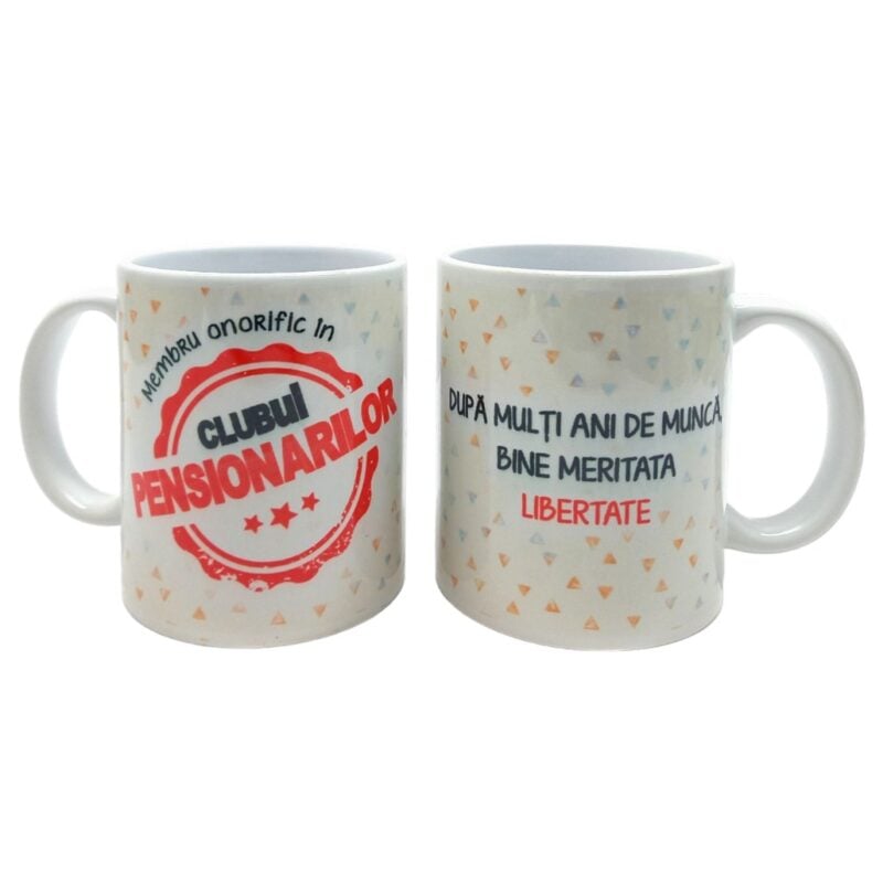 CN075 Cana personalizata pentru pensionar Cana personalizata clubul pensionarilor dupa multi ani de munca bine meritata libertate
