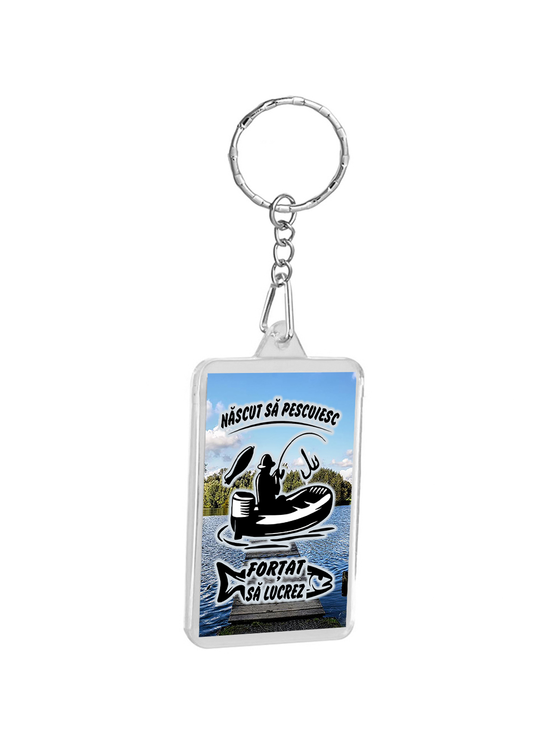 brl018 Breloc plastic nascut sa pescuiesc fortat sa lucrez Breloc personalizat nascut sa pescuiesc fortat sa lucrez , cadouri pentru pescari si pescuit