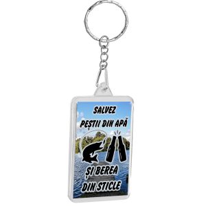 Breloc personalizat salvez pestii din apa si berea din sticle , cadouri pentru pescari si pescuit